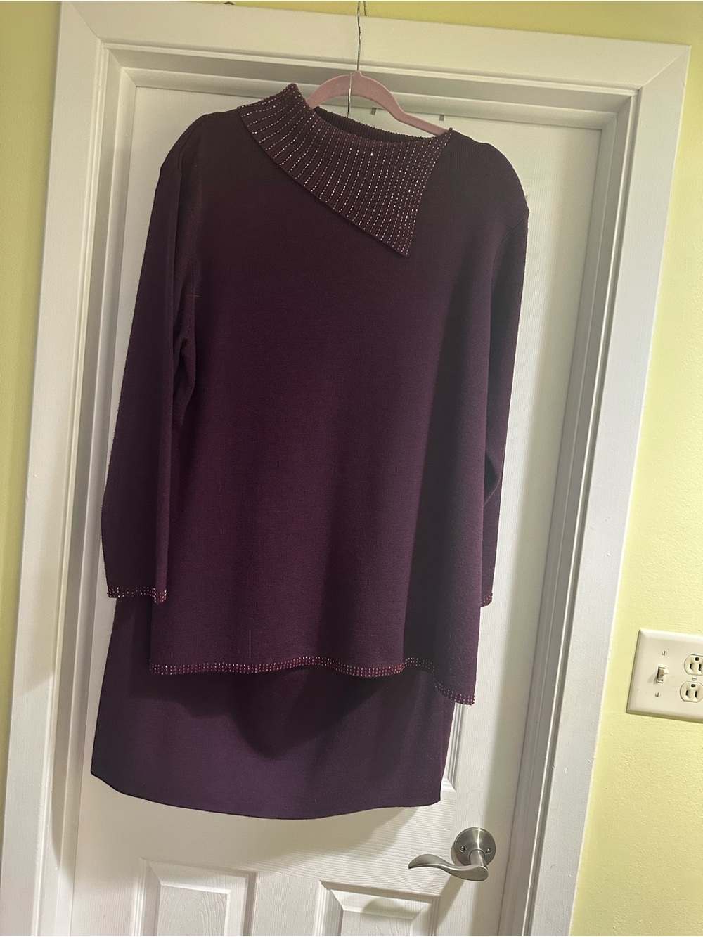 Adrianna Papell Plum Embellished Asymmetrical Neck Sweater